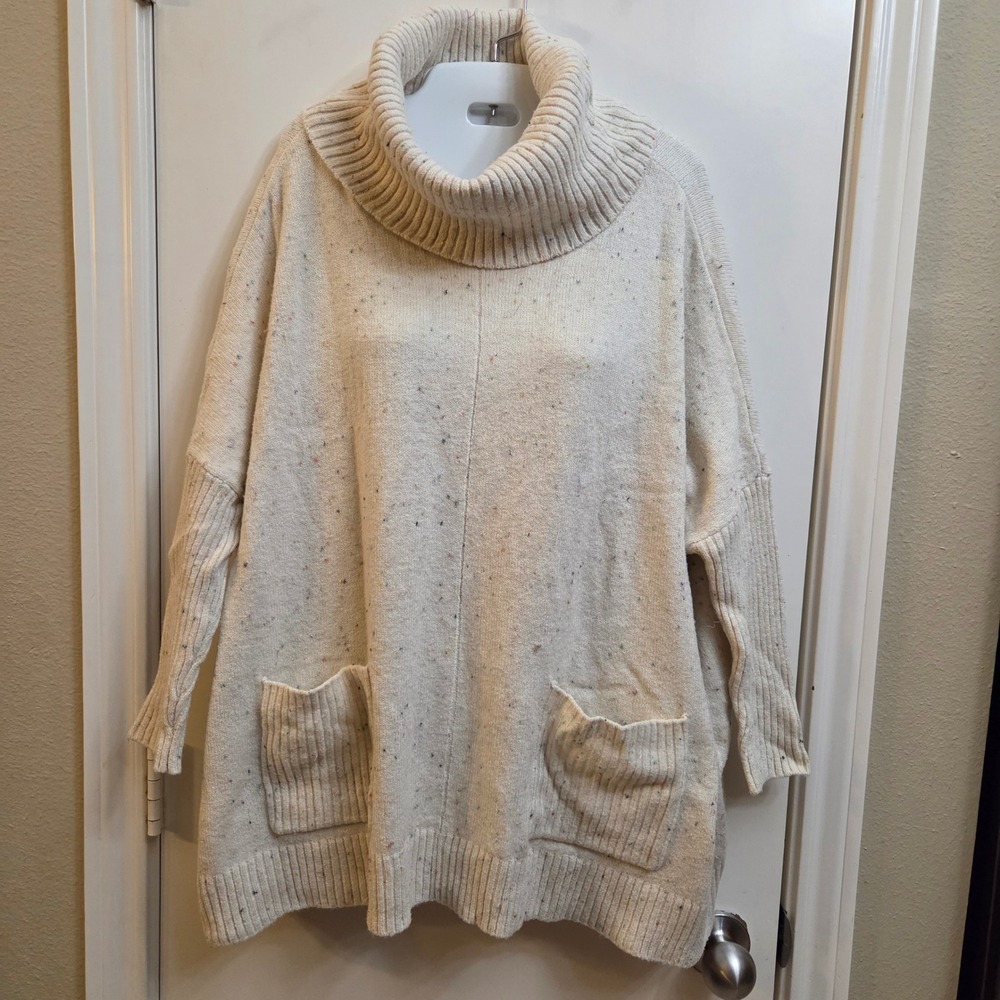 LOFT Cream Confetti Speckled Turtleneck Sweater Oversized Tunic Pockets XS